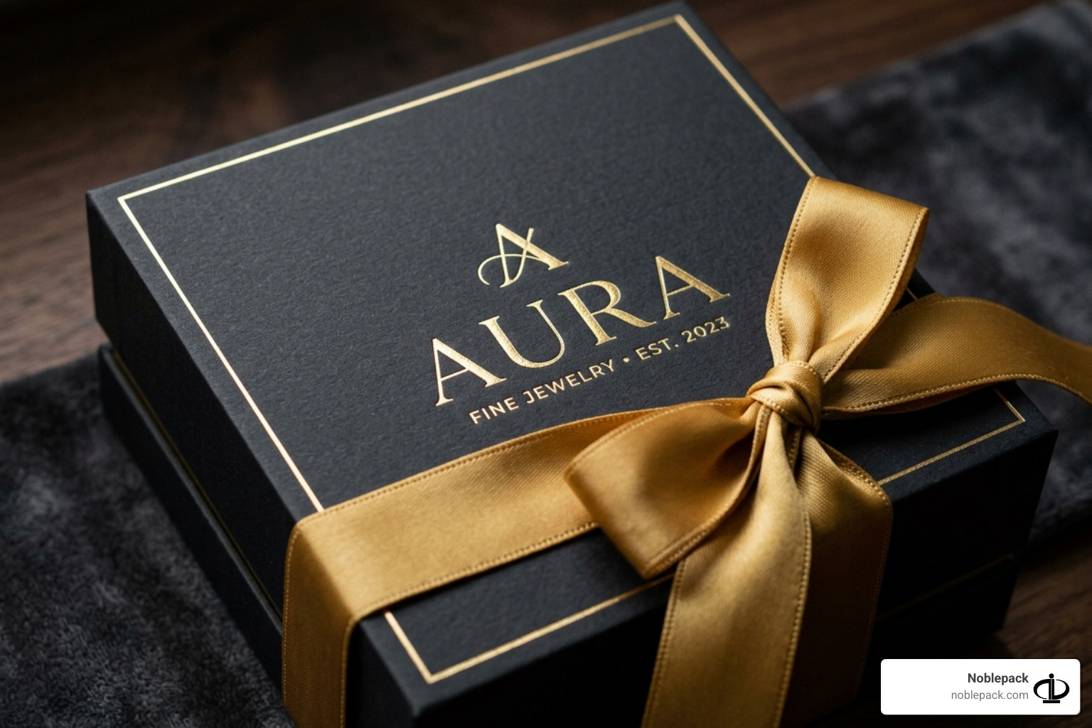 Close-up of a matte black jewelry box with a gold foil stamped logo and silk ribbon - jewelry business packaging