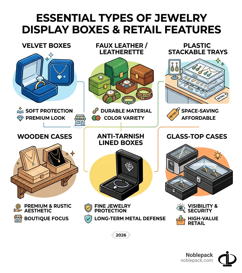 Types of jewelry display boxes and their key features for retail use - jewelry display boxes infographic Types of jewelry display boxes and their key features for retail use - jewelry display boxes infographic
