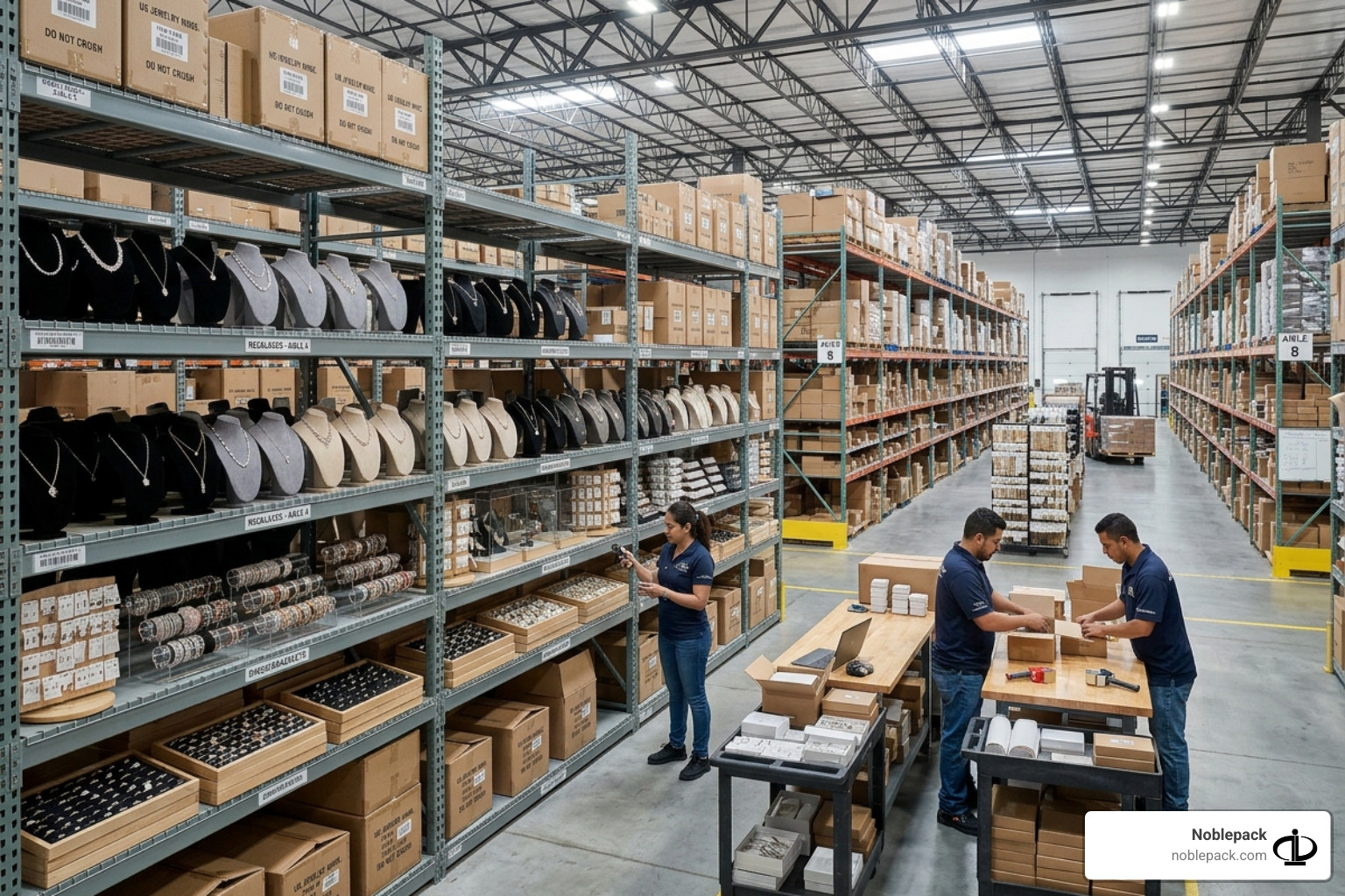 Warehouse with diverse jewelry packaging and display stock ready for shipment - jewelry display supplier