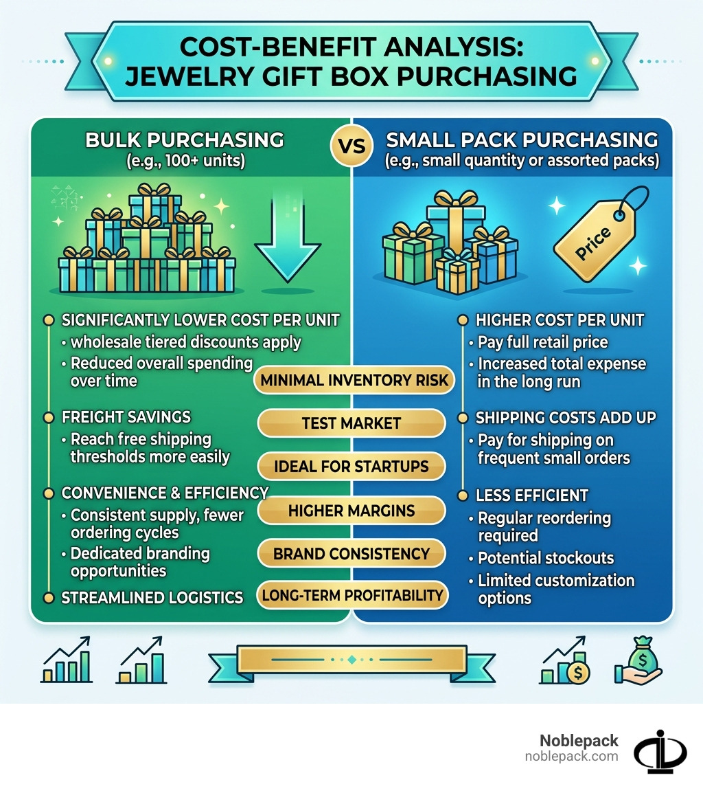 Infographic showing the cost-benefit analysis of bulk vs. small pack purchasing - jewelry gift boxes bulk infographic Infographic showing the cost-benefit analysis of bulk vs. small pack purchasing - jewelry gift boxes bulk infographic