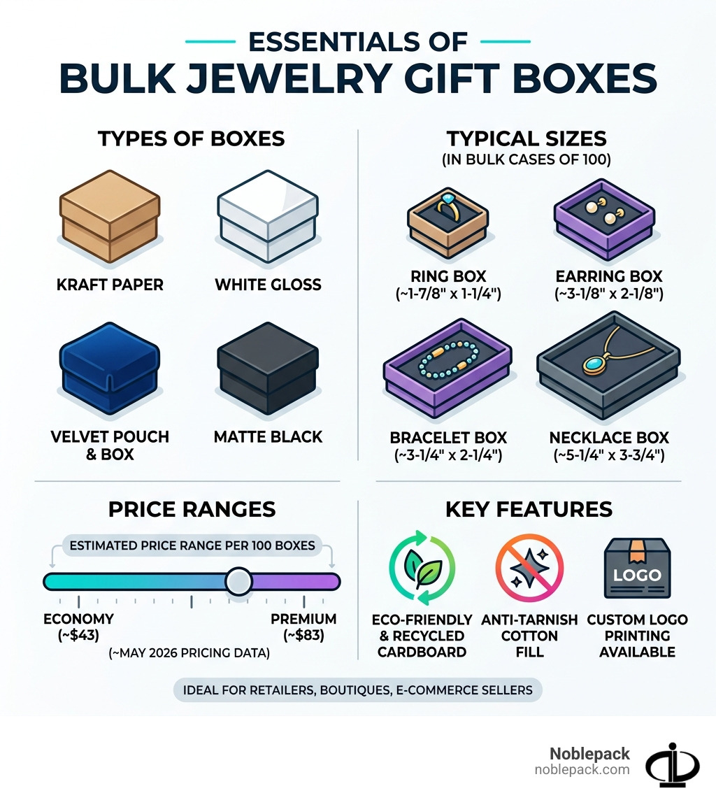 Infographic showing types, sizes, price ranges, and key features of bulk jewelry gift boxes - jewelry gift boxes bulk Infographic showing types, sizes, price ranges, and key features of bulk jewelry gift boxes - jewelry gift boxes bulk