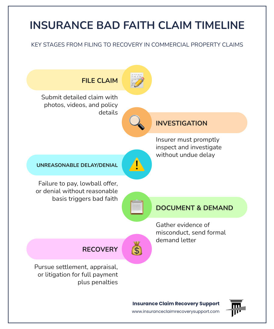Insurance Bad Faith timeline infographic: from claim filing to bad faith recognition and legal remedy - Insurance Bad Faith