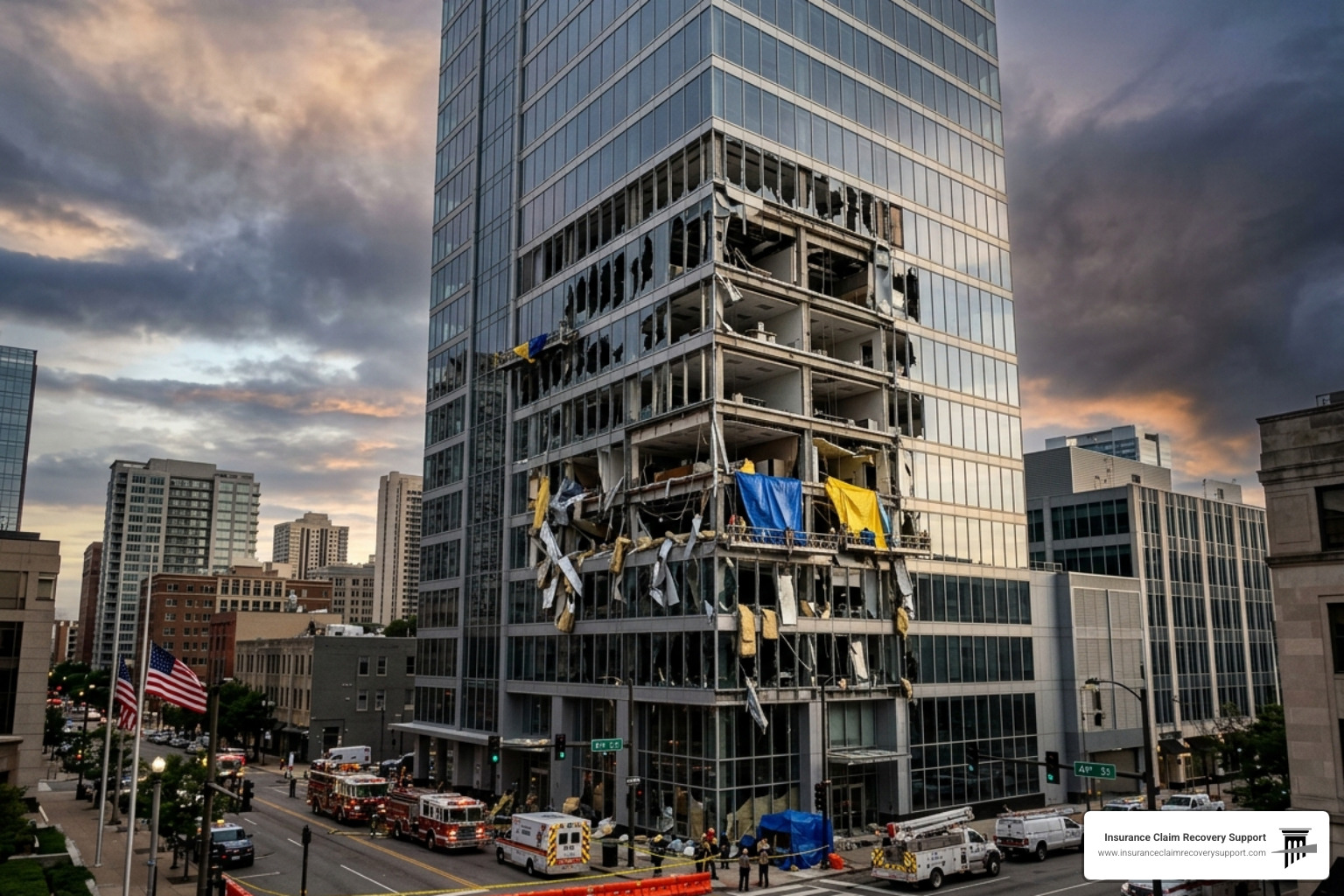 High-rise office building with structural damage following a storm - Insurance Bad Faith