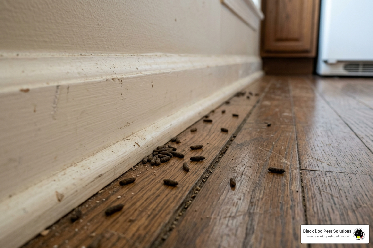 Mouse droppings near a baseboard in a home - humane mouse removal Mouse droppings near a baseboard in a home - humane mouse removal