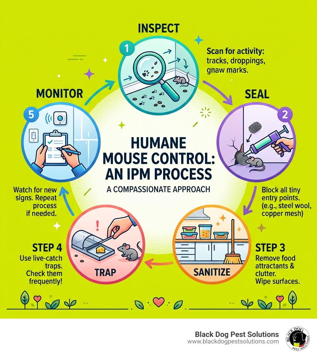 Humane Mouse Control IPM process infographic: Inspect, Seal, Sanitize, Trap, Monitor - humane mouse removal infographic Humane Mouse Control IPM process infographic: Inspect, Seal, Sanitize, Trap, Monitor - humane mouse removal infographic