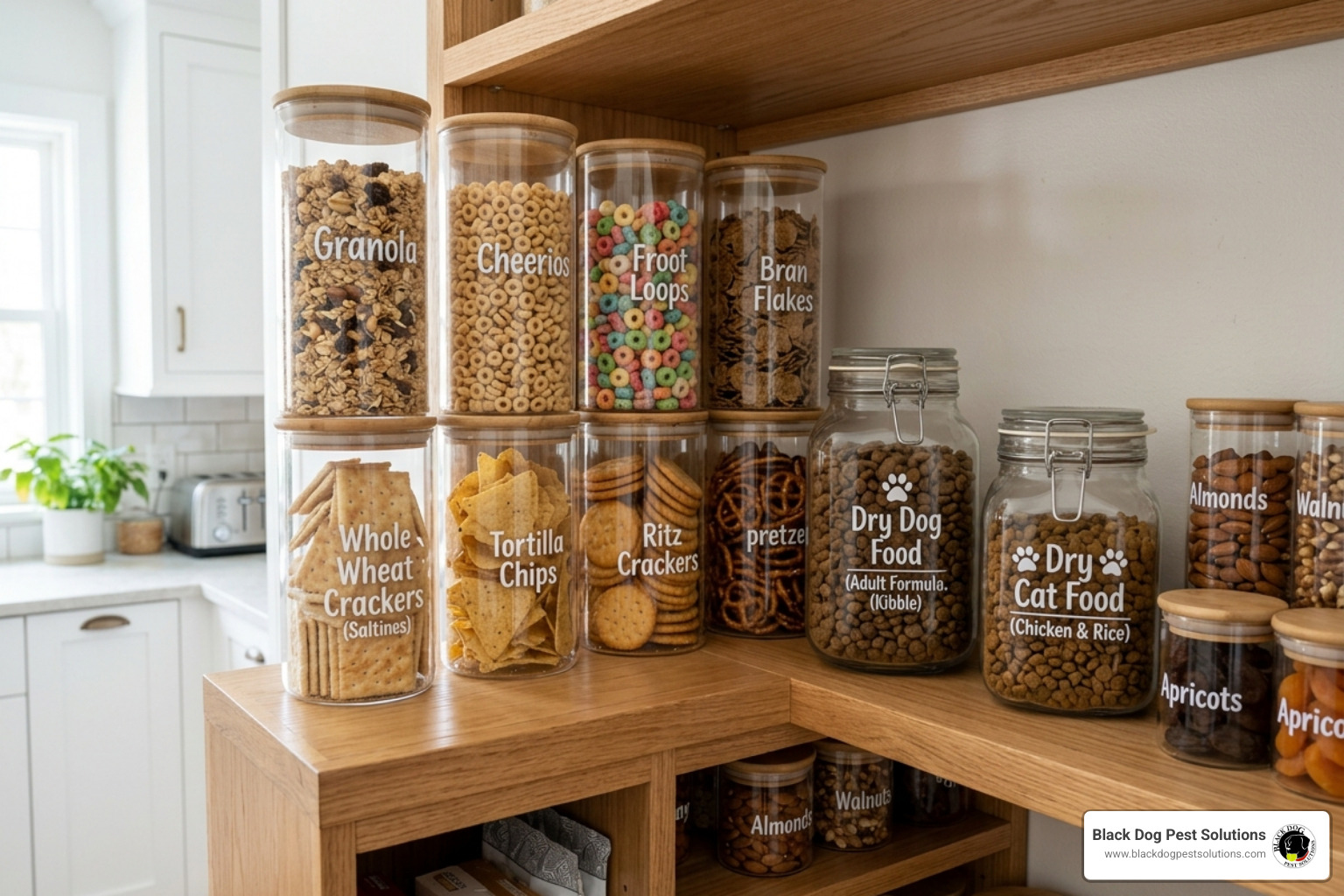 Food stored in airtight glass containers on a clean pantry shelf - humane mouse removal Food stored in airtight glass containers on a clean pantry shelf - humane mouse removal