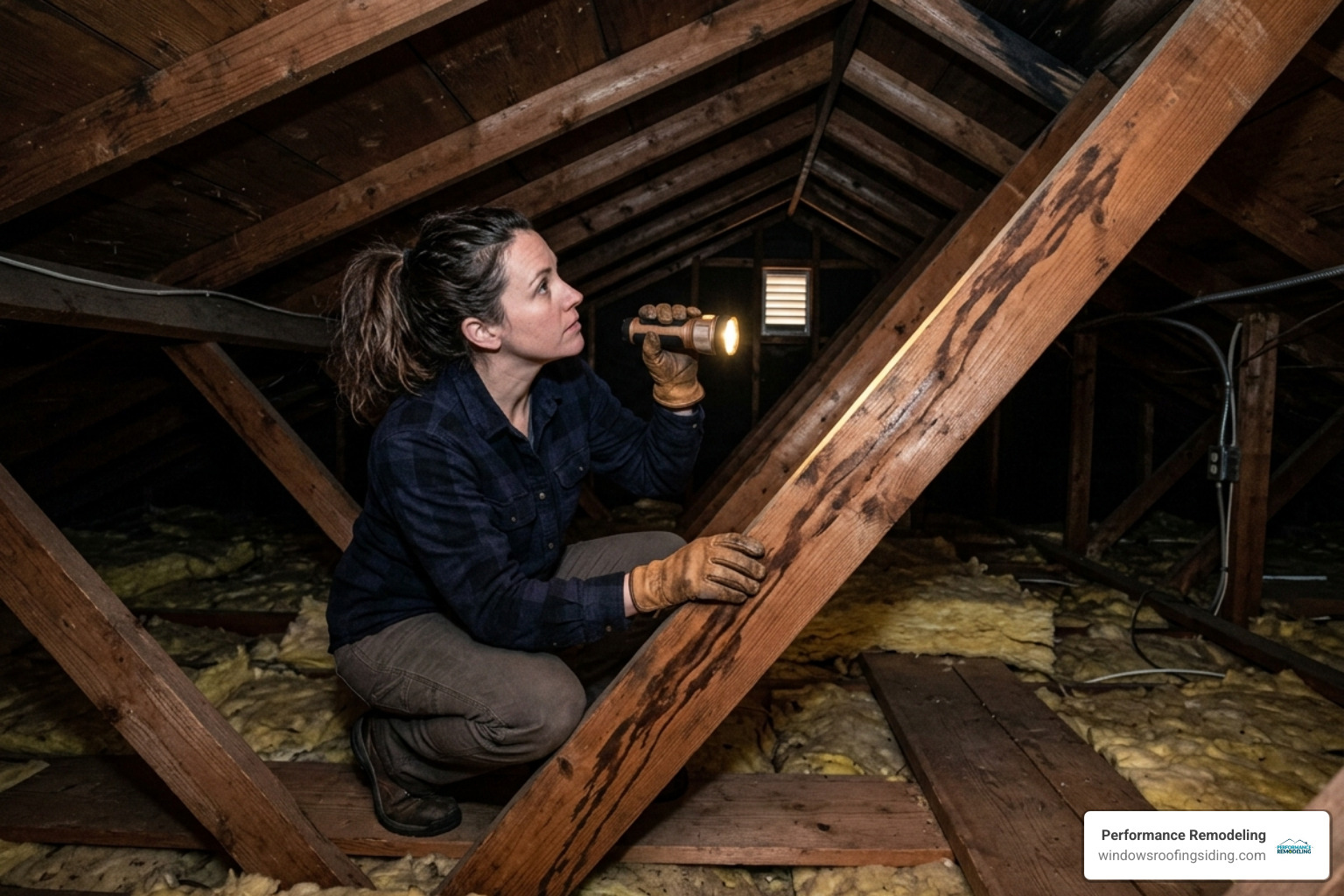 Homeowner in a dark attic using a flashlight to trace water stains up a wooden rafter - roof leak repair Homeowner in a dark attic using a flashlight to trace water stains up a wooden rafter - roof leak repair