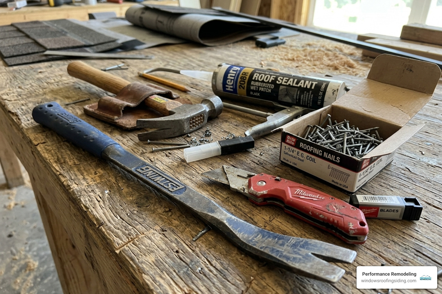 A collection of roofing tools including a flat bar, roofing nails, a tube of sealant, and a utility knife - roof leak repair A collection of roofing tools including a flat bar, roofing nails, a tube of sealant, and a utility knife - roof leak repair