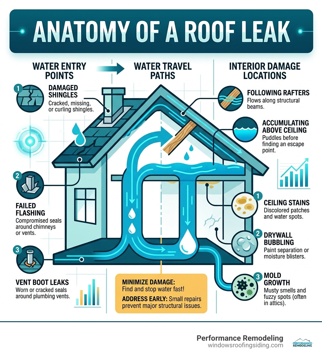 Anatomy of a roof leak showing water entry points, travel paths, and interior damage locations - roof leak repair Anatomy of a roof leak showing water entry points, travel paths, and interior damage locations - roof leak repair