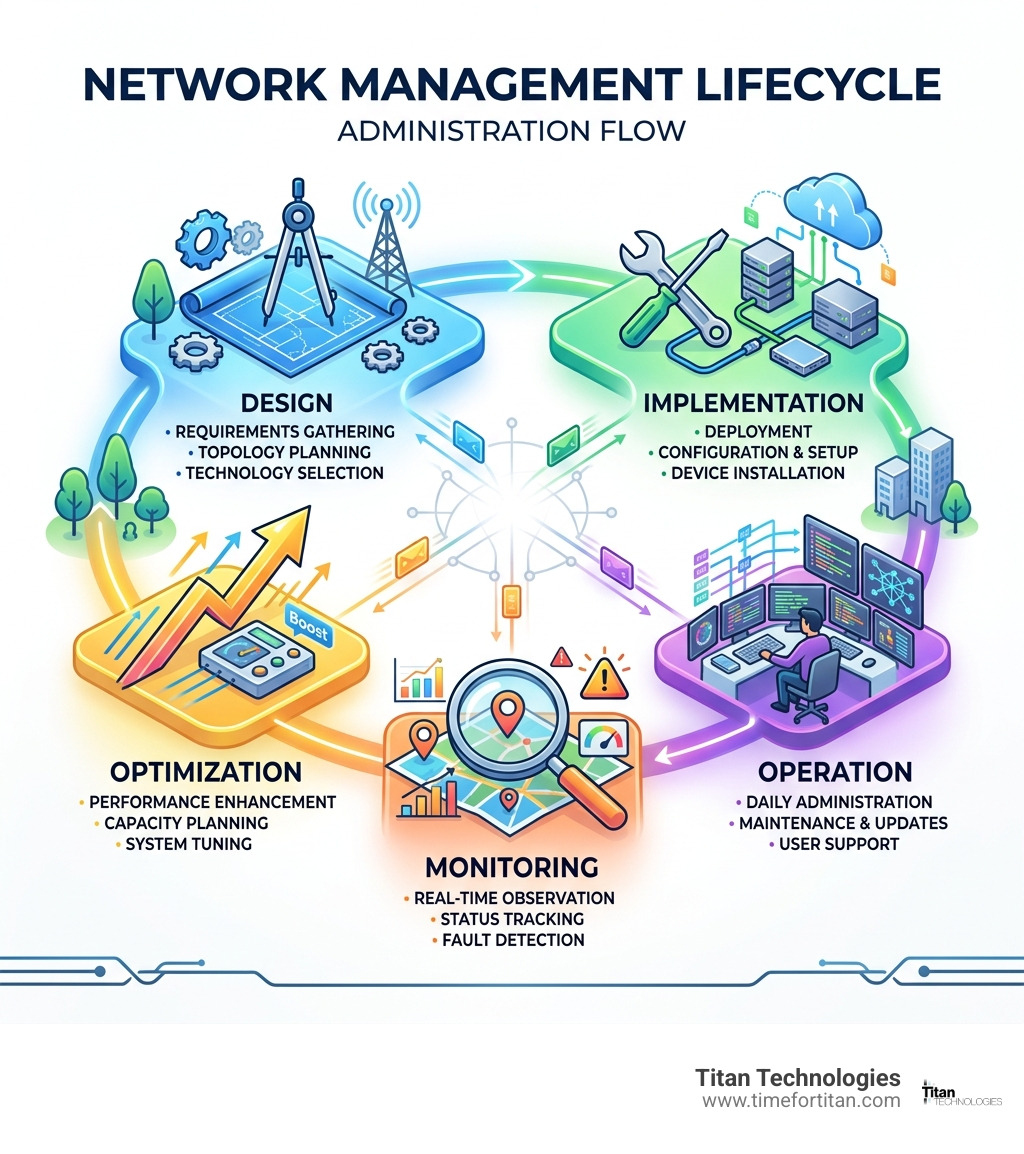 Network Management Lifecycle infographic showing the five phases: Design, Implementation, Operation, Monitoring, and Optimization with the key activities and tools for each phase - network management and administration infographic 