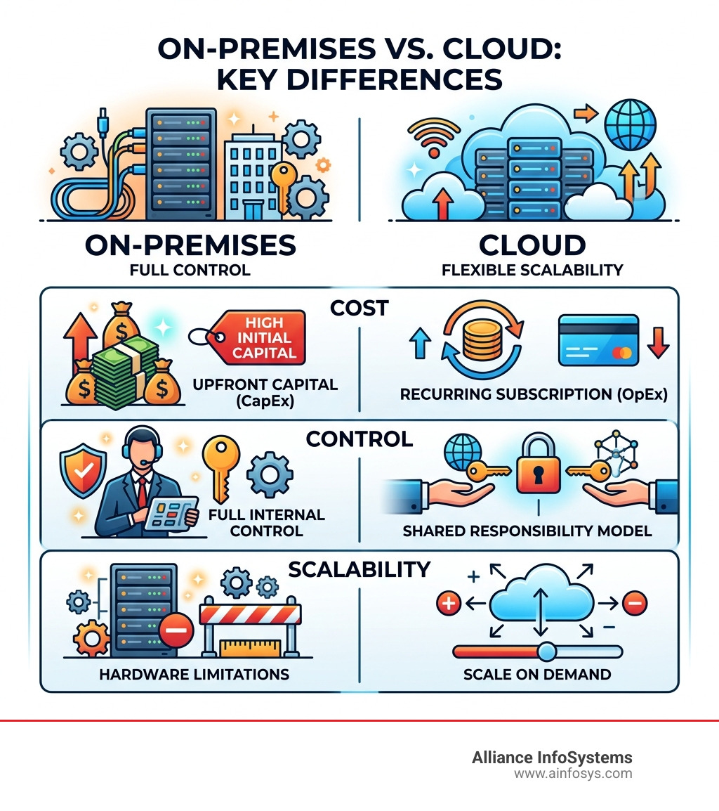 High-level comparison infographic: on-premises vs cloud key differences in cost, control, and scalability - on-premises vs High-level comparison infographic: on-premises vs cloud key differences in cost, control, and scalability - on-premises vs