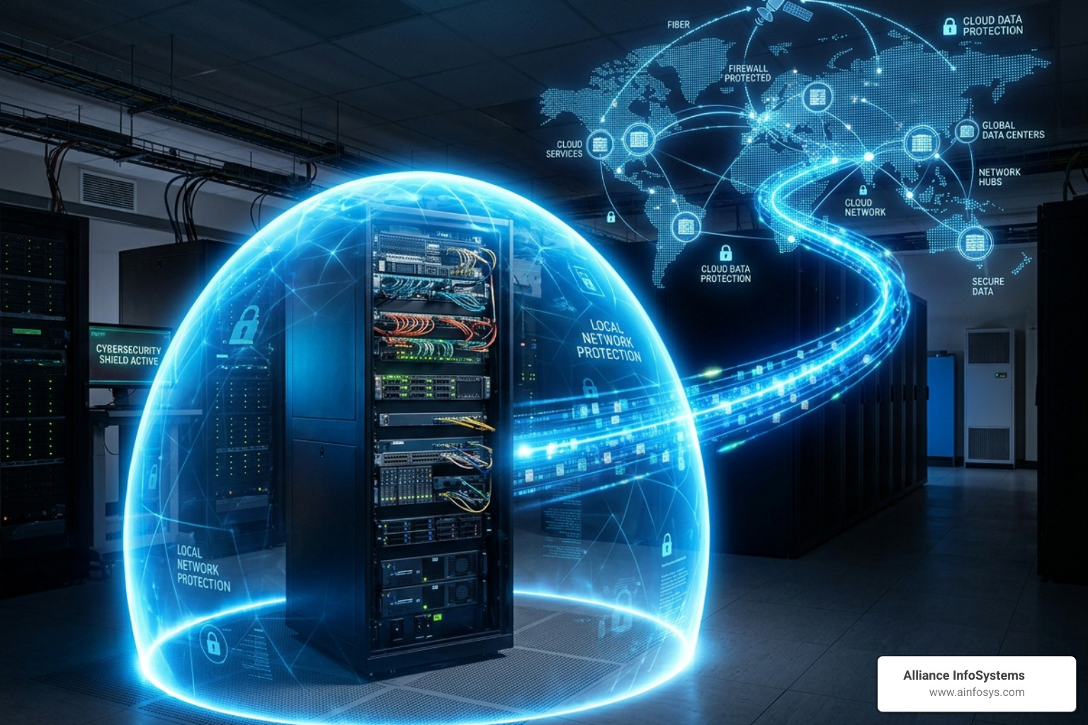 Cybersecurity shield protecting a local server and cloud network - on-premises vs cloud Cybersecurity shield protecting a local server and cloud network - on-premises vs cloud