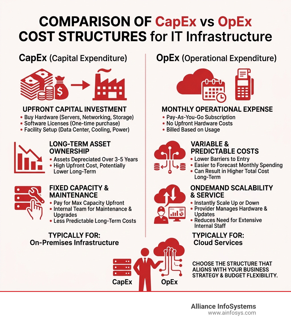 Comparison of CapEx vs OpEx cost structures for IT infrastructure - on-premises vs cloud infographic Comparison of CapEx vs OpEx cost structures for IT infrastructure - on-premises vs cloud infographic