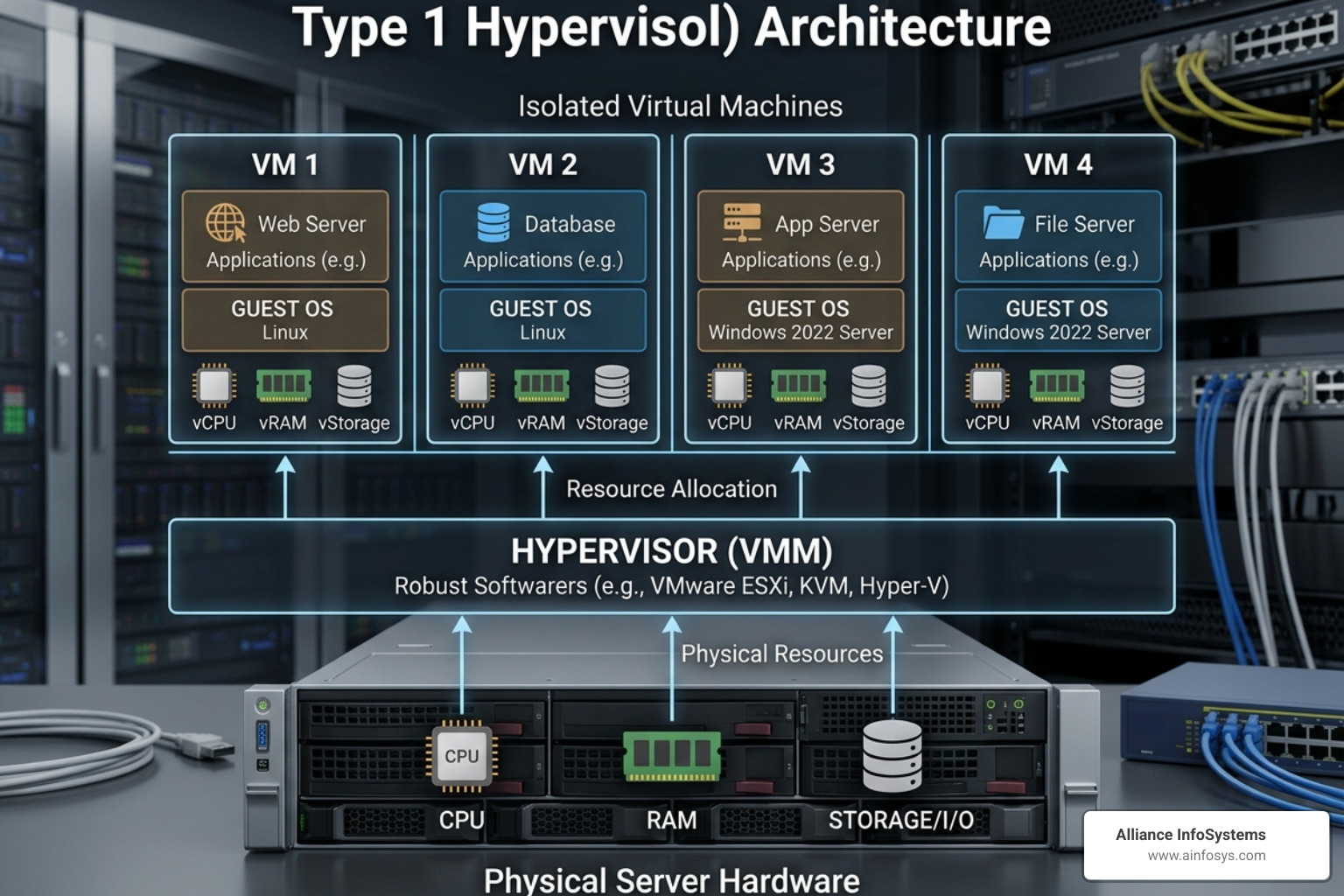 Hypervisor architecture showing multiple virtual machines on one physical server - cloud computing server Hypervisor architecture showing multiple virtual machines on one physical server - cloud computing server