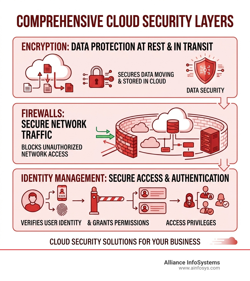 Security layers including encryption, firewalls, and identity management - cloud computing server infographic Security layers including encryption, firewalls, and identity management - cloud computing server infographic