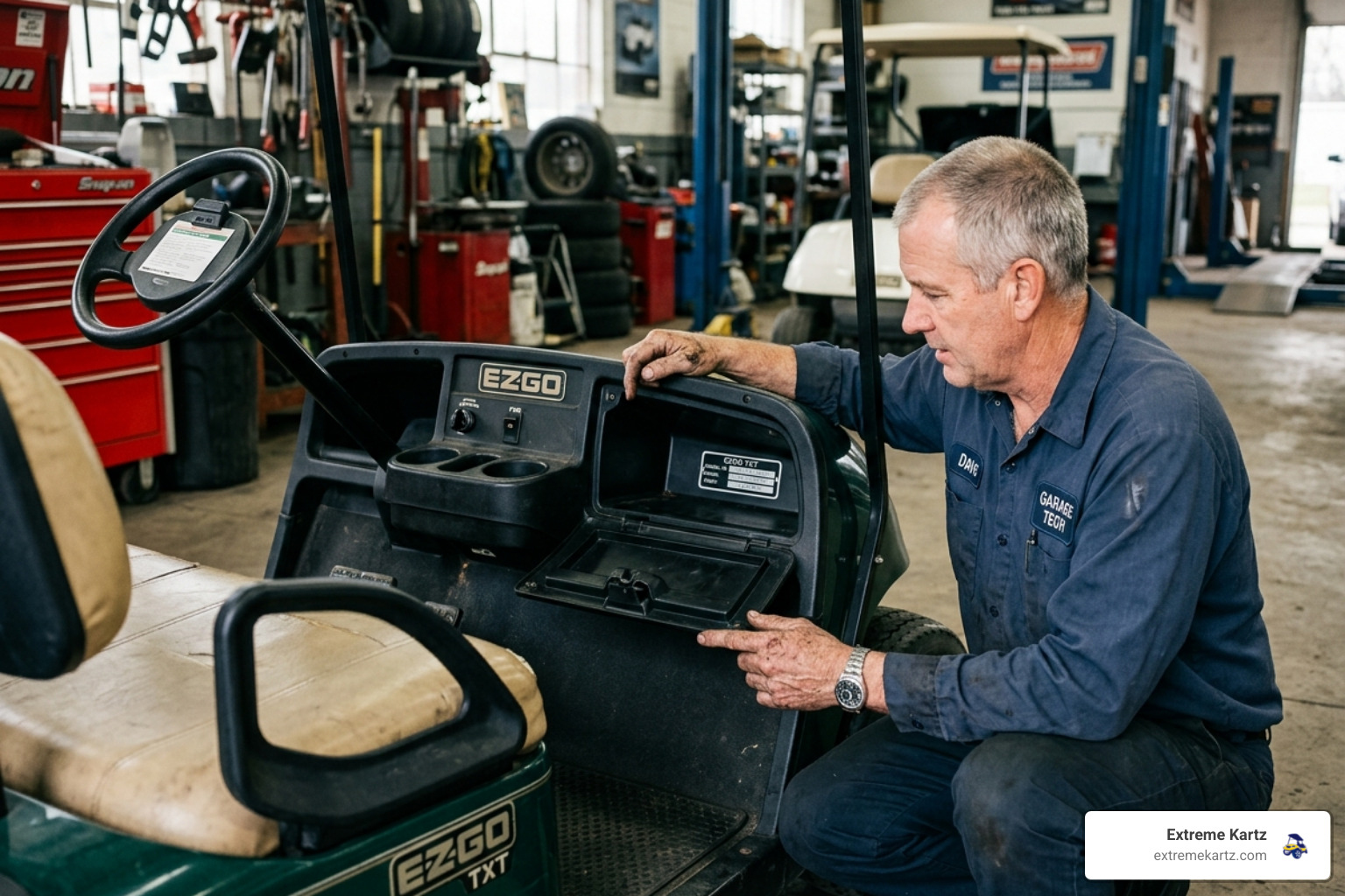 A mechanic pointing to the serial number location inside an EZGO TXT glove box - what year and model is my ezgo