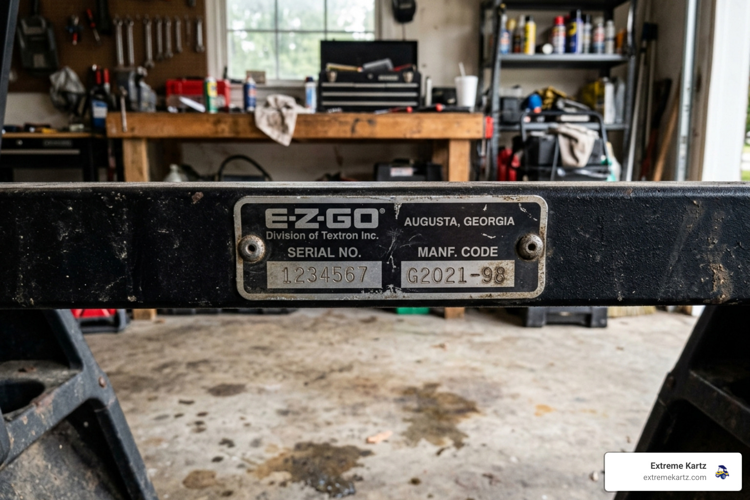 EZGO golf cart serial number plate close-up in a garage setting - what year and model is my ezgo