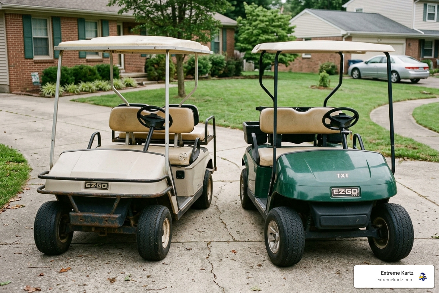 A side-by-side comparison of a square-bodied Marathon and a rounded-cowl TXT in a driveway - what year and model is my ezgo