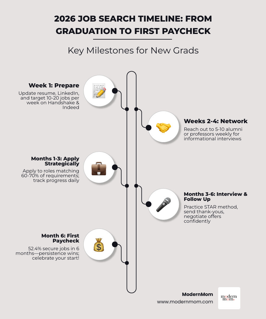 2026 job search timeline infographic from graduation to first paycheck with key milestones - college is finished, now i need