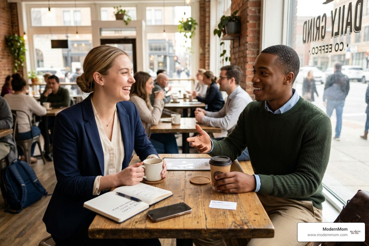 two people having a casual coffee chat in a bright cafe networking for a first job - college is finished, now i need a job