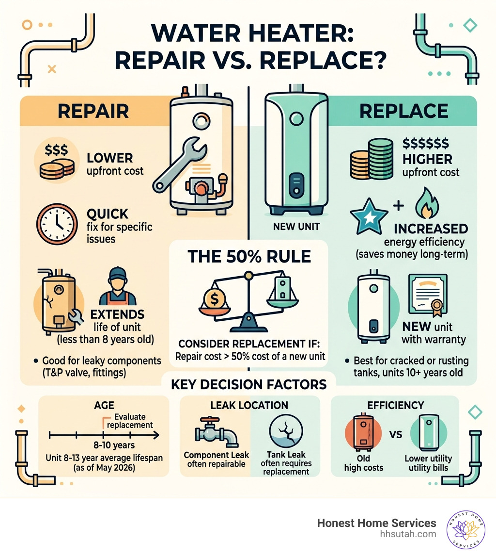 Comparison of repair vs replacement costs and benefits - gas hot water leaking infographic Comparison of repair vs replacement costs and benefits - gas hot water leaking infographic
