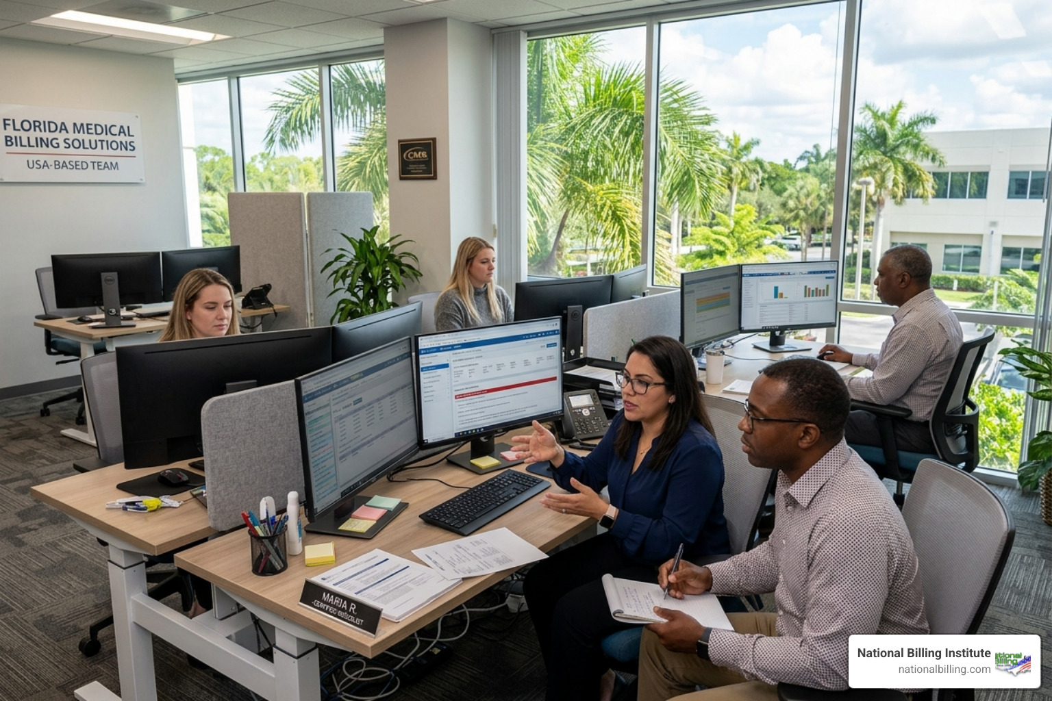 A professional 100% USA-based billing team in an office setting - denial management services