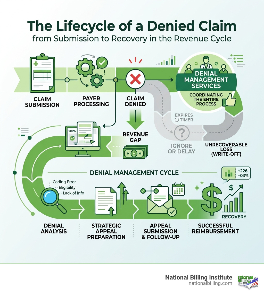 Lifecycle of a denied claim from submission to recovery in the revenue cycle - denial management services infographic 