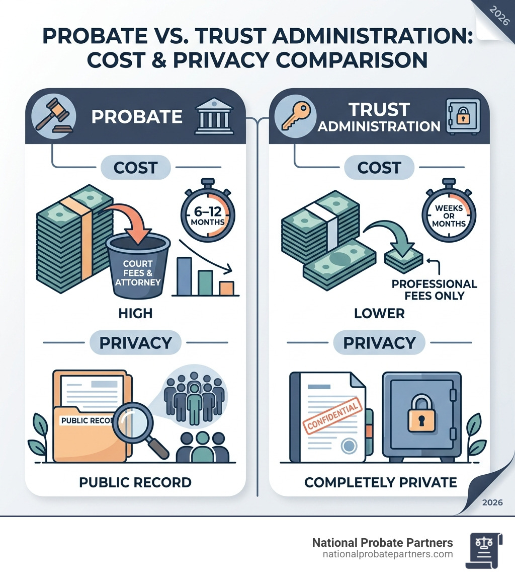 Infographic comparing the costs and privacy of probate vs trust administration - probate lawyer florida infographic 