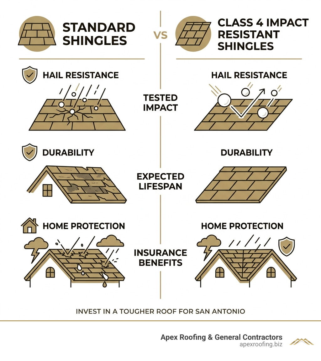 Comparison of standard shingles vs Class 4 impact resistant shingles - Hail roof repair San Antonio infographic 