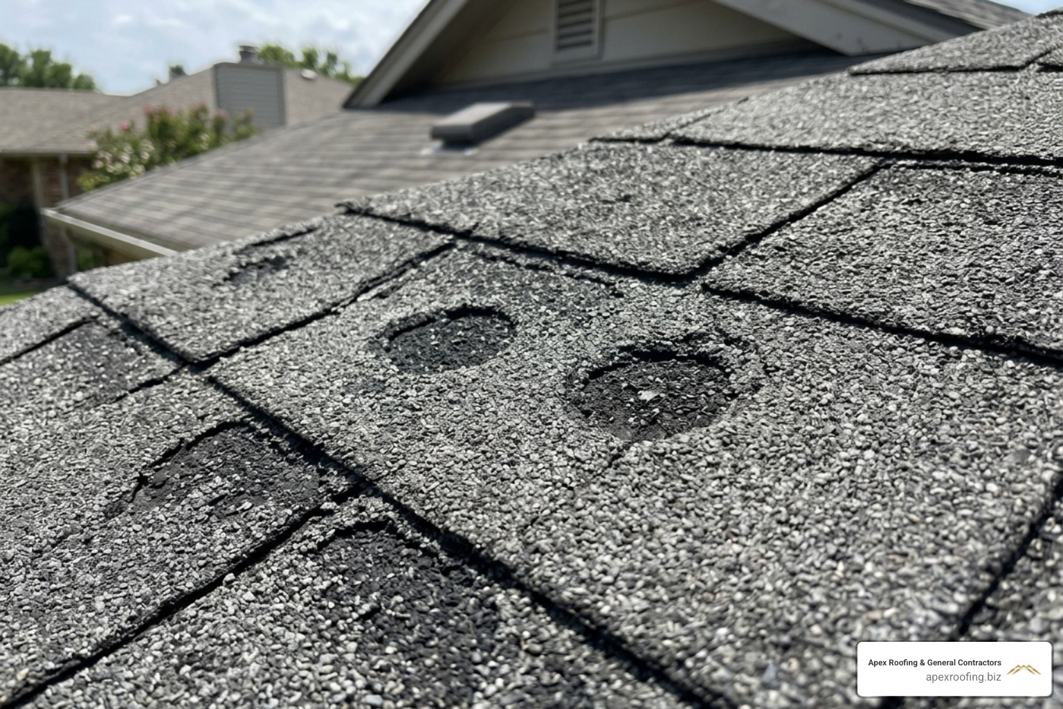 Bruised asphalt shingles showing granule loss and impact marks - Hail roof repair San Antonio