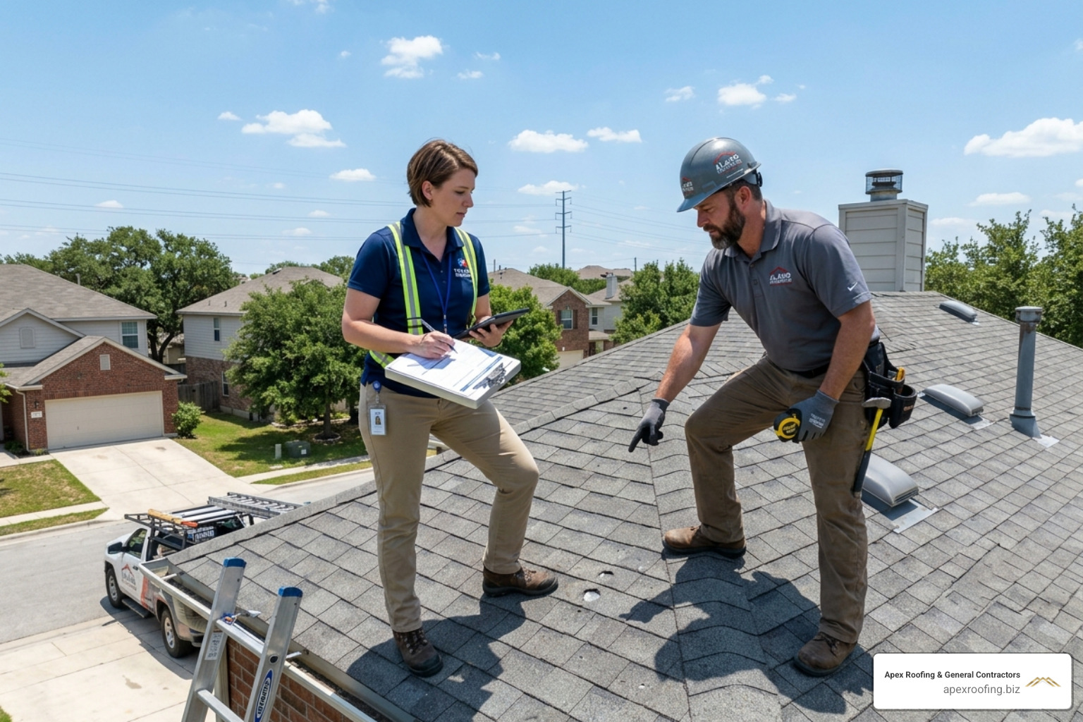 Insurance adjuster and roofing contractor inspecting roof damage together - Hail roof repair San Antonio