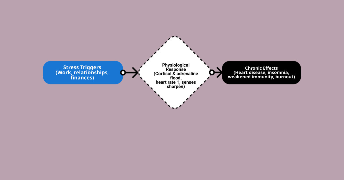 Stress response cycle infographic showing triggers, physical response, chronic effects, and counseling outcomes - counseling