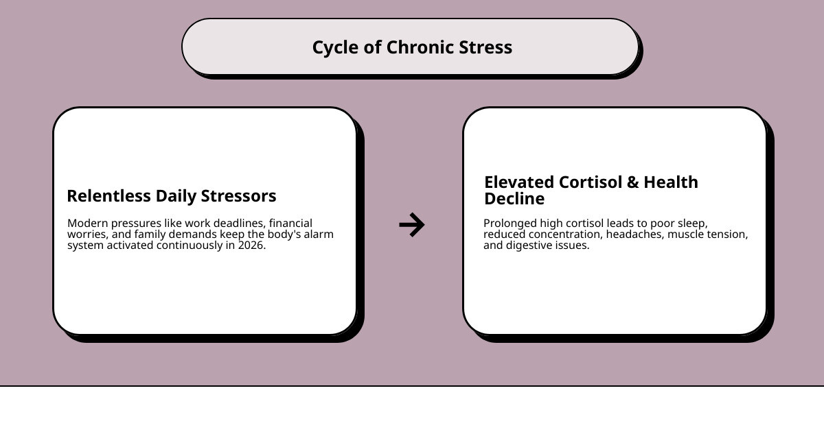 Cycle of chronic stress and its physical symptoms infographic - daily stress management counseling infographic
