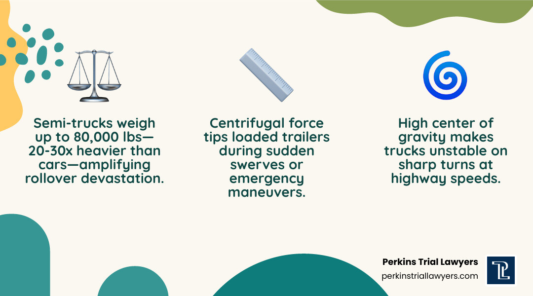 Infographic showing centrifugal force, center of gravity, and rollover risk factors for semi-trucks in Atlanta - Semi truck Infographic showing centrifugal force, center of gravity, and rollover risk factors for semi-trucks in Atlanta - Semi truck