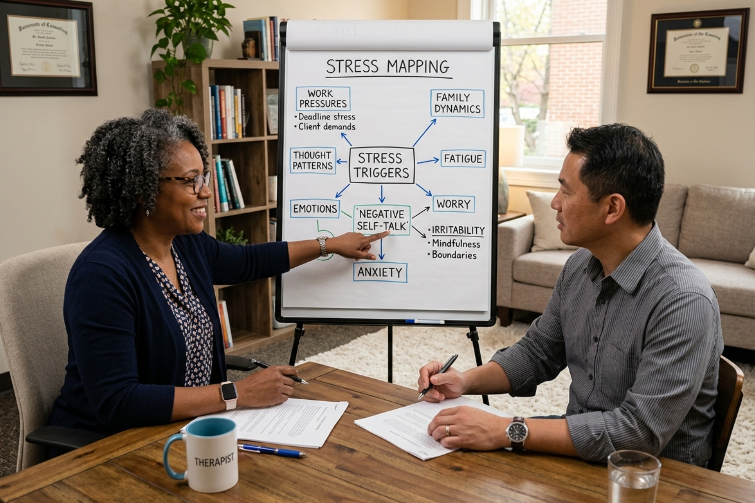 Therapist and client mapping out stress triggers - daily stress management counseling