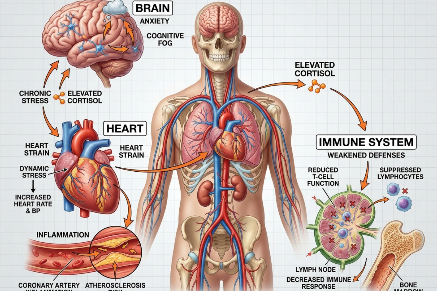Diagram showing how cortisol affects the heart, brain, and immune system during chronic stress - job stress counseling