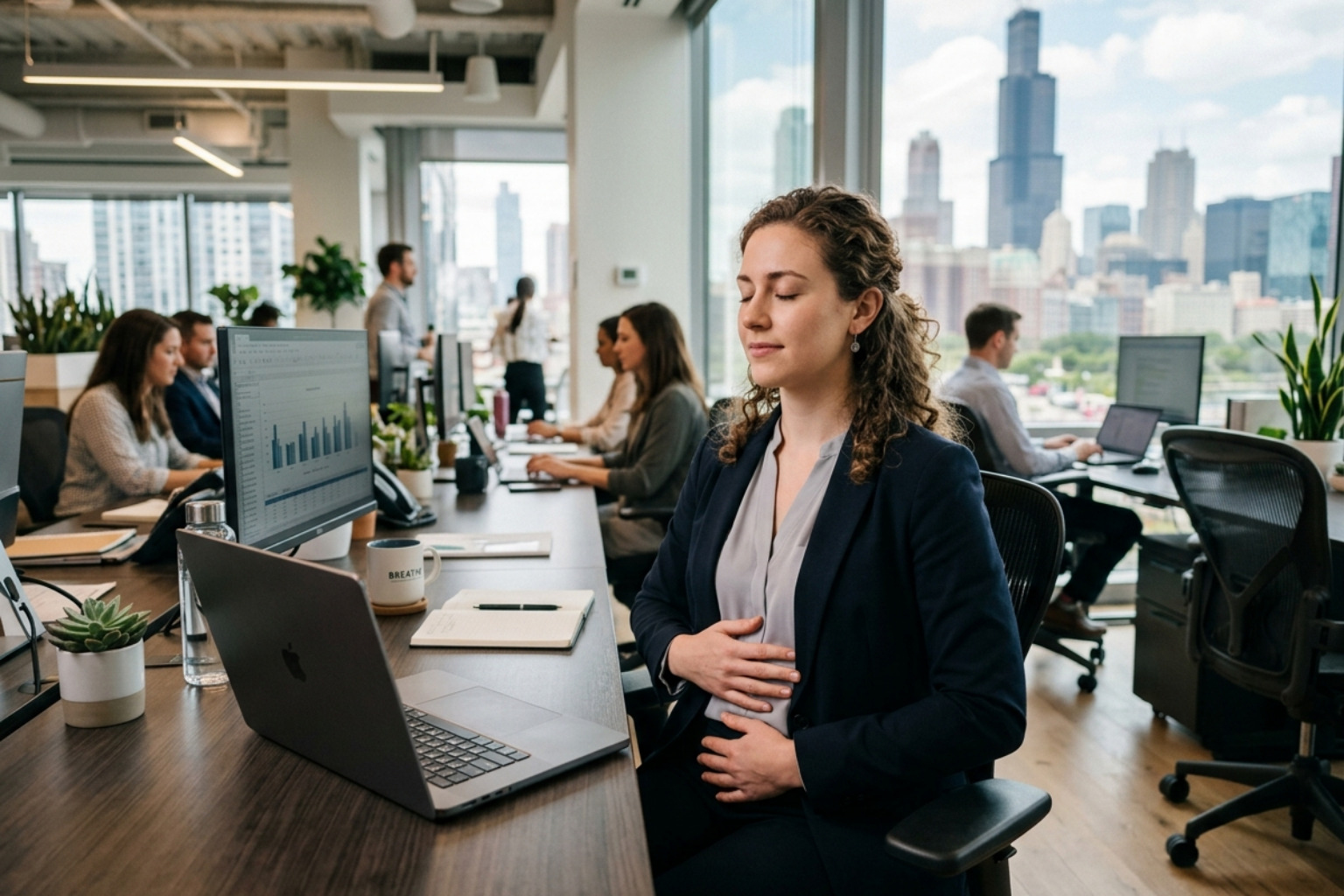 A person practicing mindful breathing in a modern office to manage daily pressure - licensed therapist stress management