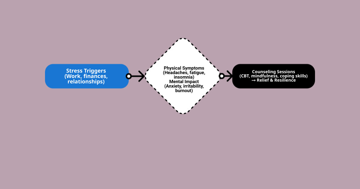 infographic showing the cycle of chronic stress: triggers, physical symptoms, mental impact, and counseling as a path to