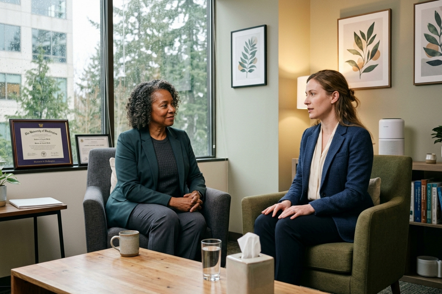 A professional speaking with a licensed therapist in a calm, modern setting - job stress counseling services