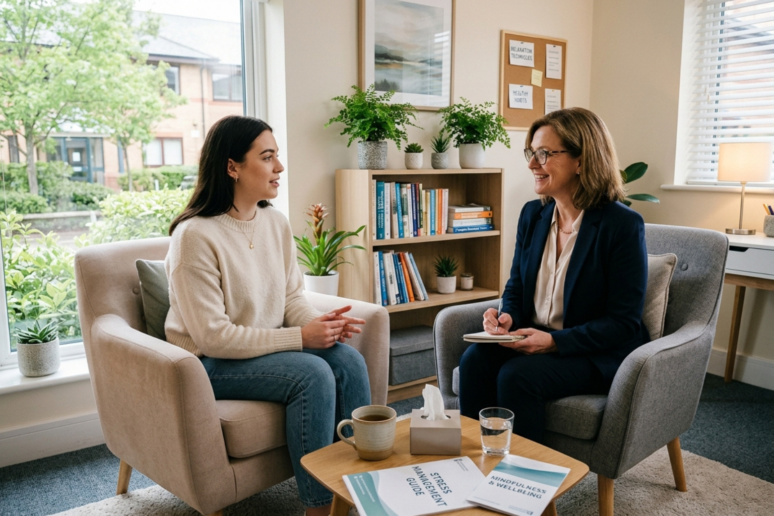 A therapist and client in a comfortable, supportive session discussing coping strategies - licensed therapist stress