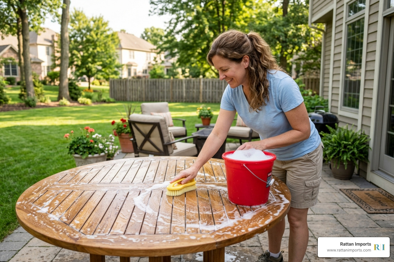 Homeowner using a soft bristle brush and a bucket of soapy water to clean a large outdoor dining table - weather resistant