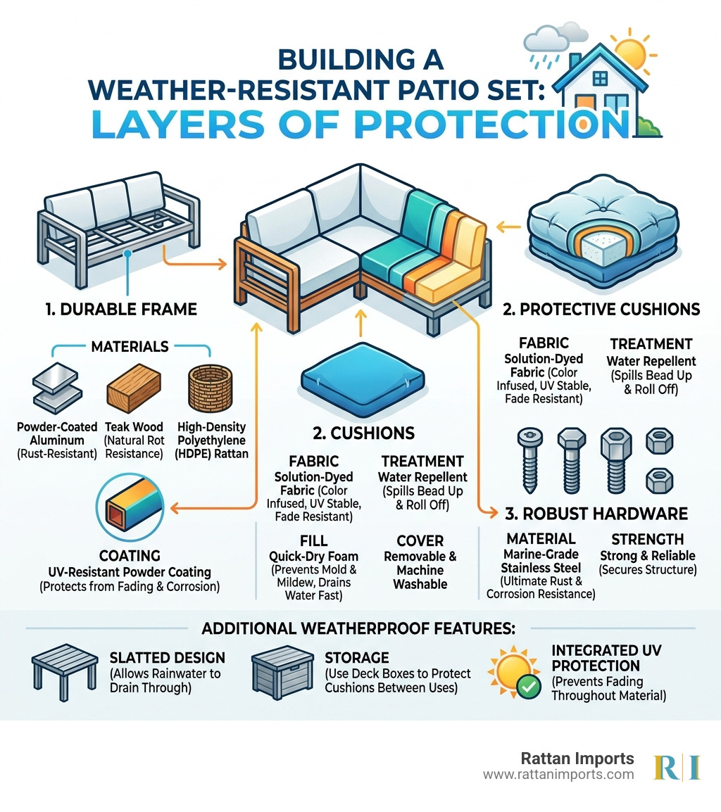 Infographic showing weatherproofing layers for outdoor patio furniture from frame to cushion to hardware - weather resistant
