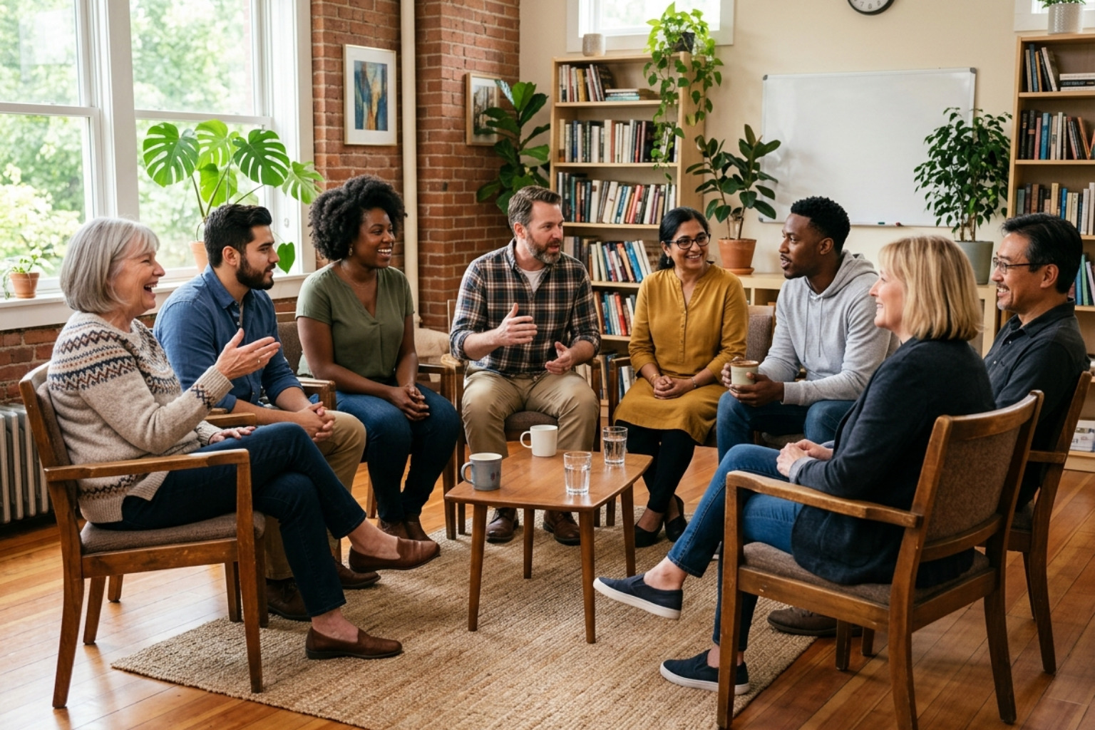 A group of adults sitting in a circle of chairs in a bright community room chatting comfortably - income based apartments
