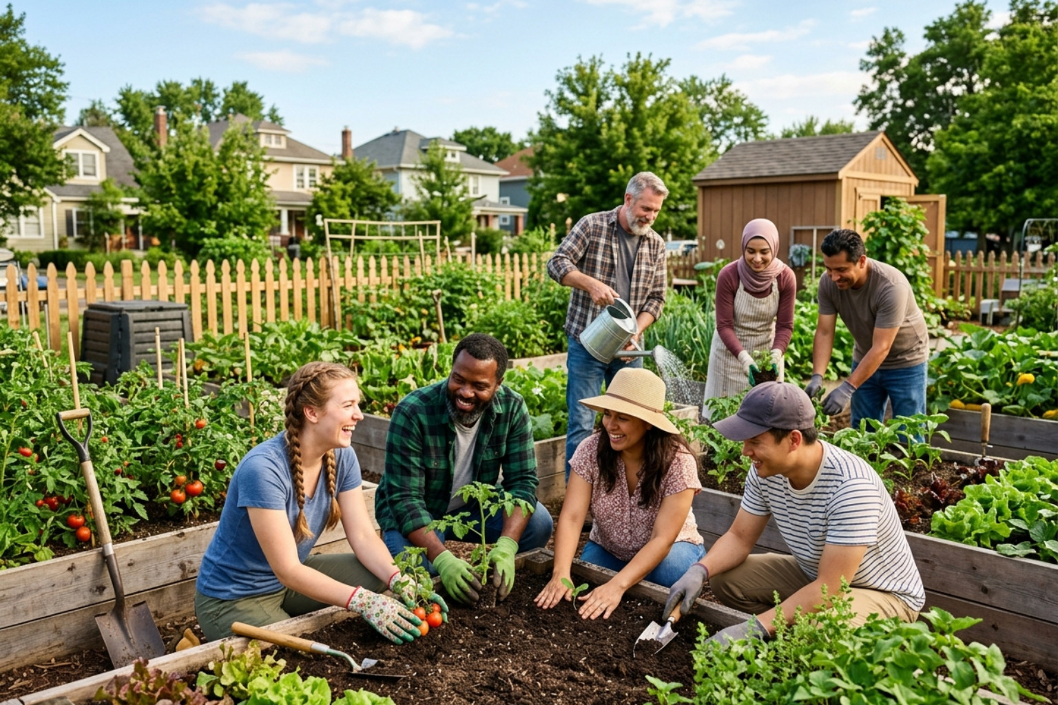 A diverse group of neighbors working together in a lush community garden - income based apartments