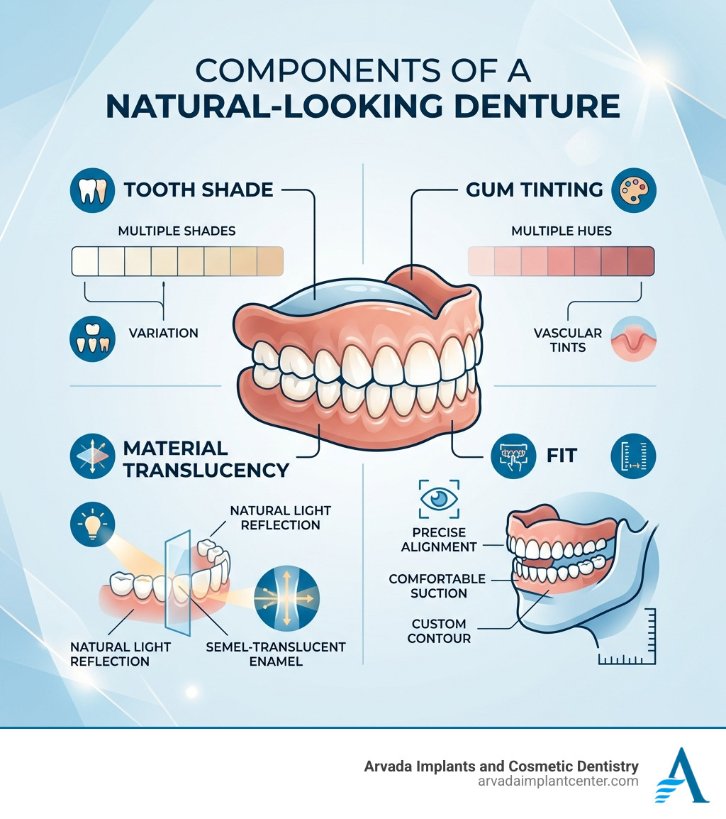 Components of a natural-looking denture: tooth shade, gum tinting, material translucency, and fit - natural-looking dentures Components of a natural-looking denture: tooth shade, gum tinting, material translucency, and fit - natural-looking dentures
