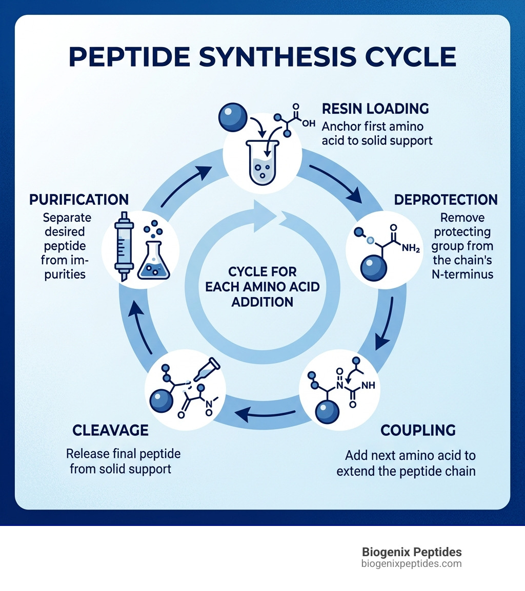 Infographic showing the peptide synthesis cycle: resin loading, deprotection, coupling, cleavage, and purification steps Infographic showing the peptide synthesis cycle: resin loading, deprotection, coupling, cleavage, and purification steps