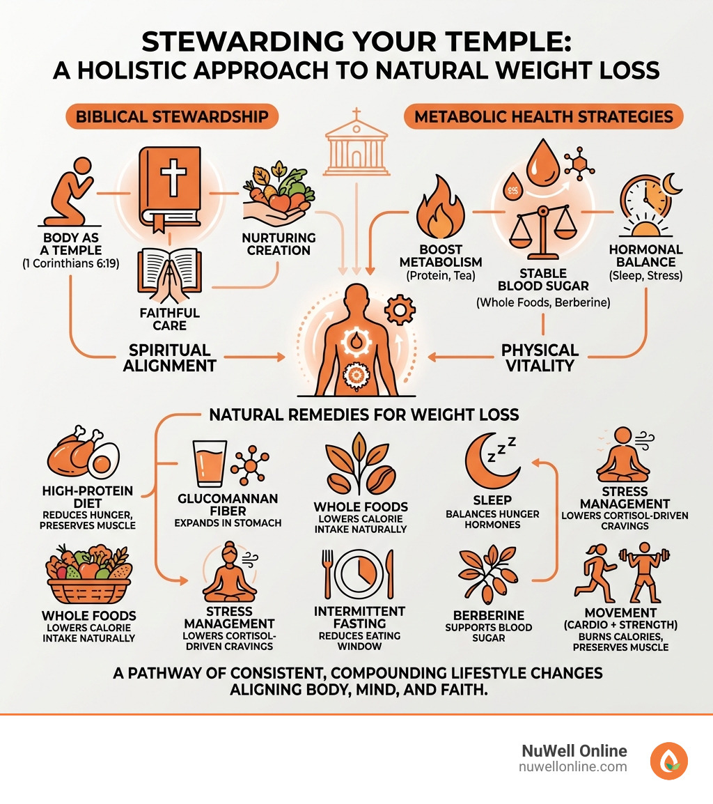 Infographic showing natural remedies for weight loss integrating Biblical stewardship and metabolic health strategies