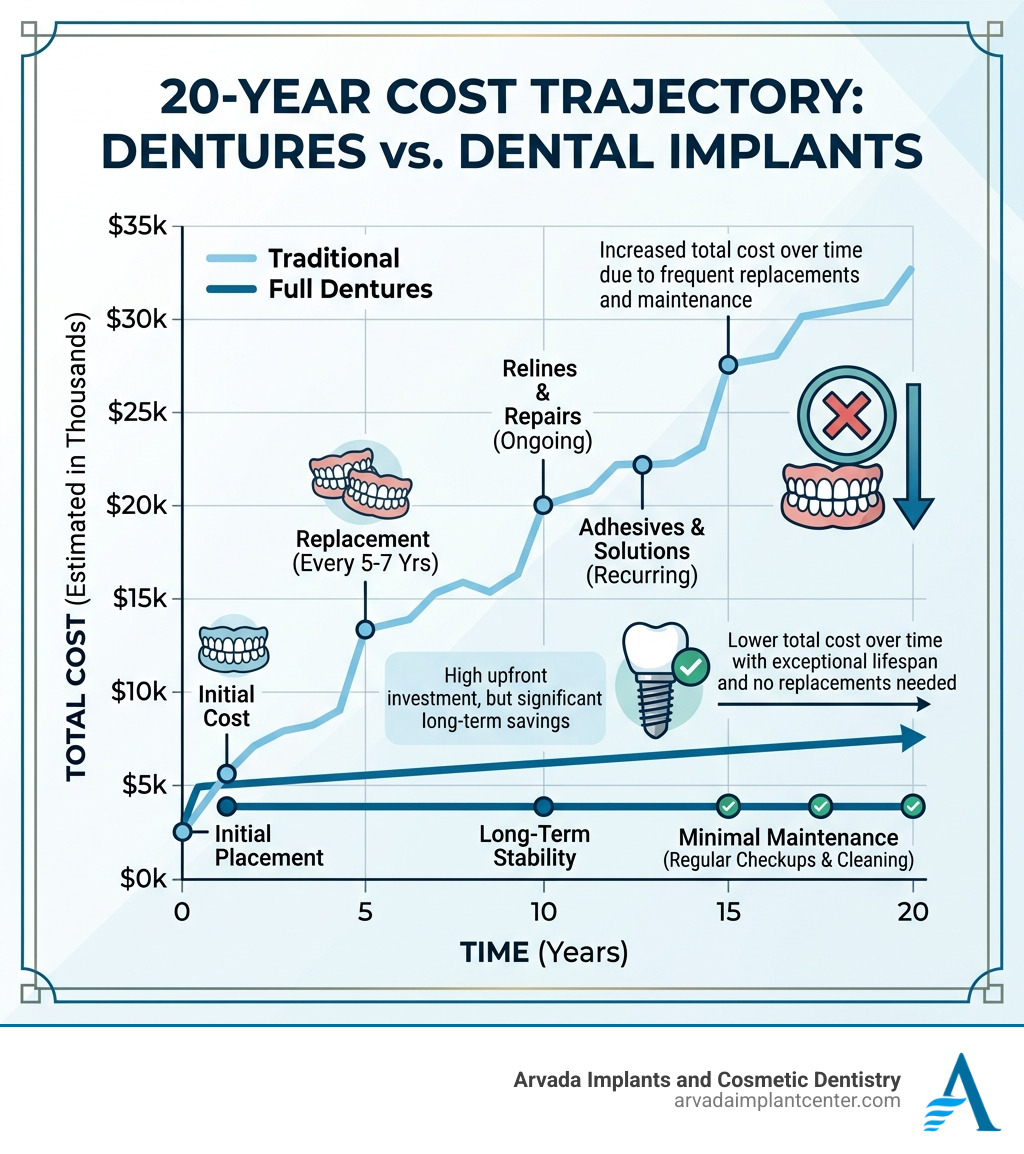 20-year cost trajectory comparison of dentures vs dental implants including maintenance and replacements - dentures vs 20-year cost trajectory comparison of dentures vs dental implants including maintenance and replacements - dentures vs