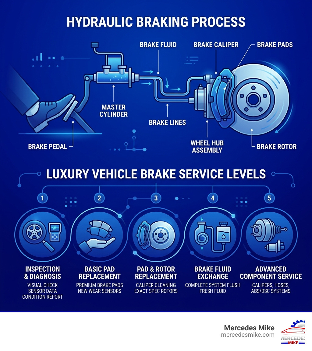 Hydraulic braking process and brake service levels explained for luxury vehicles - brake repair infographic Hydraulic braking process and brake service levels explained for luxury vehicles - brake repair infographic