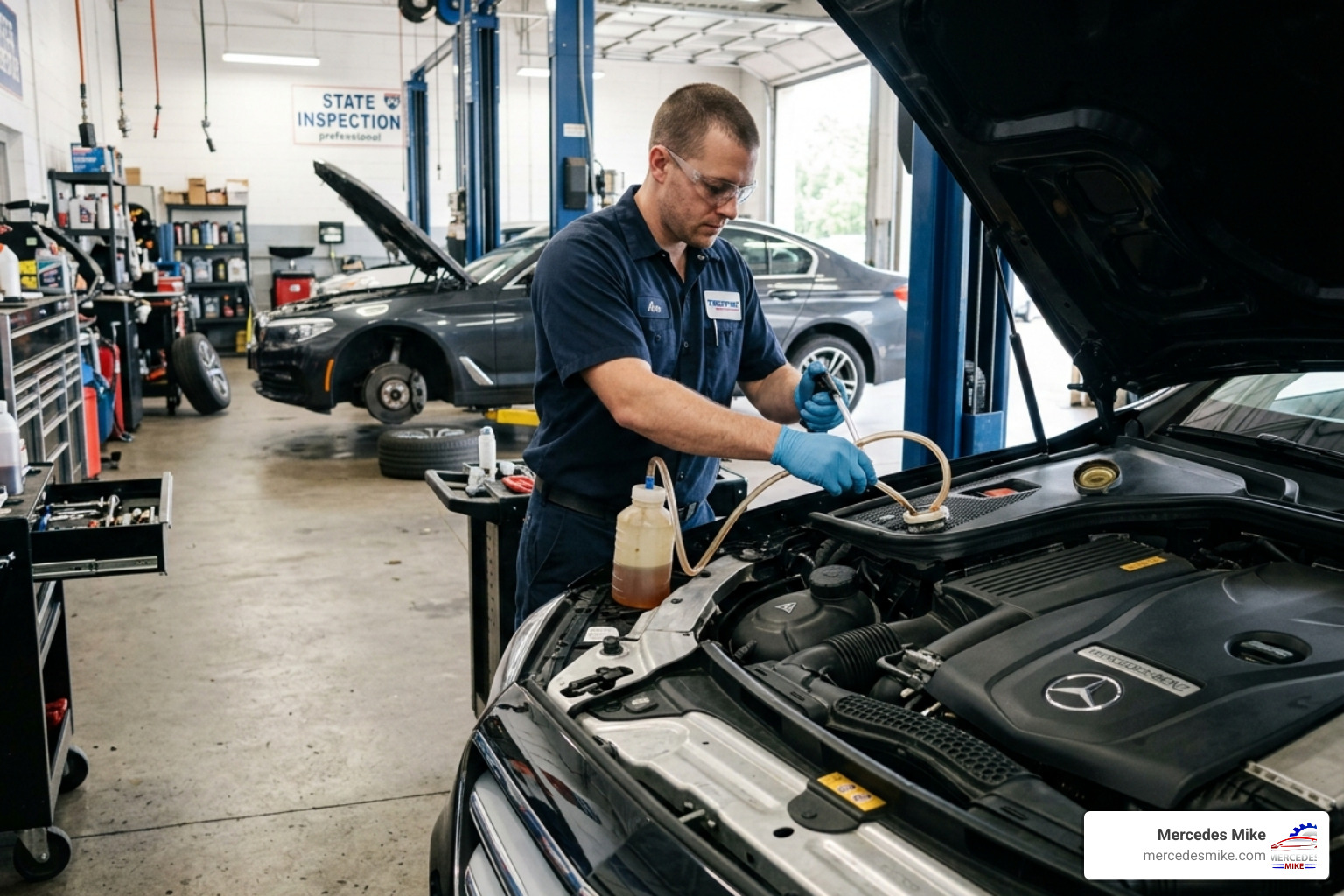 technician performing a brake fluid flush on a luxury vehicle - brake repair technician performing a brake fluid flush on a luxury vehicle - brake repair